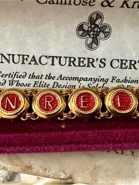 Camrose & Kross Gold-Tone Red Enamel Letter Link Bracelet NEW